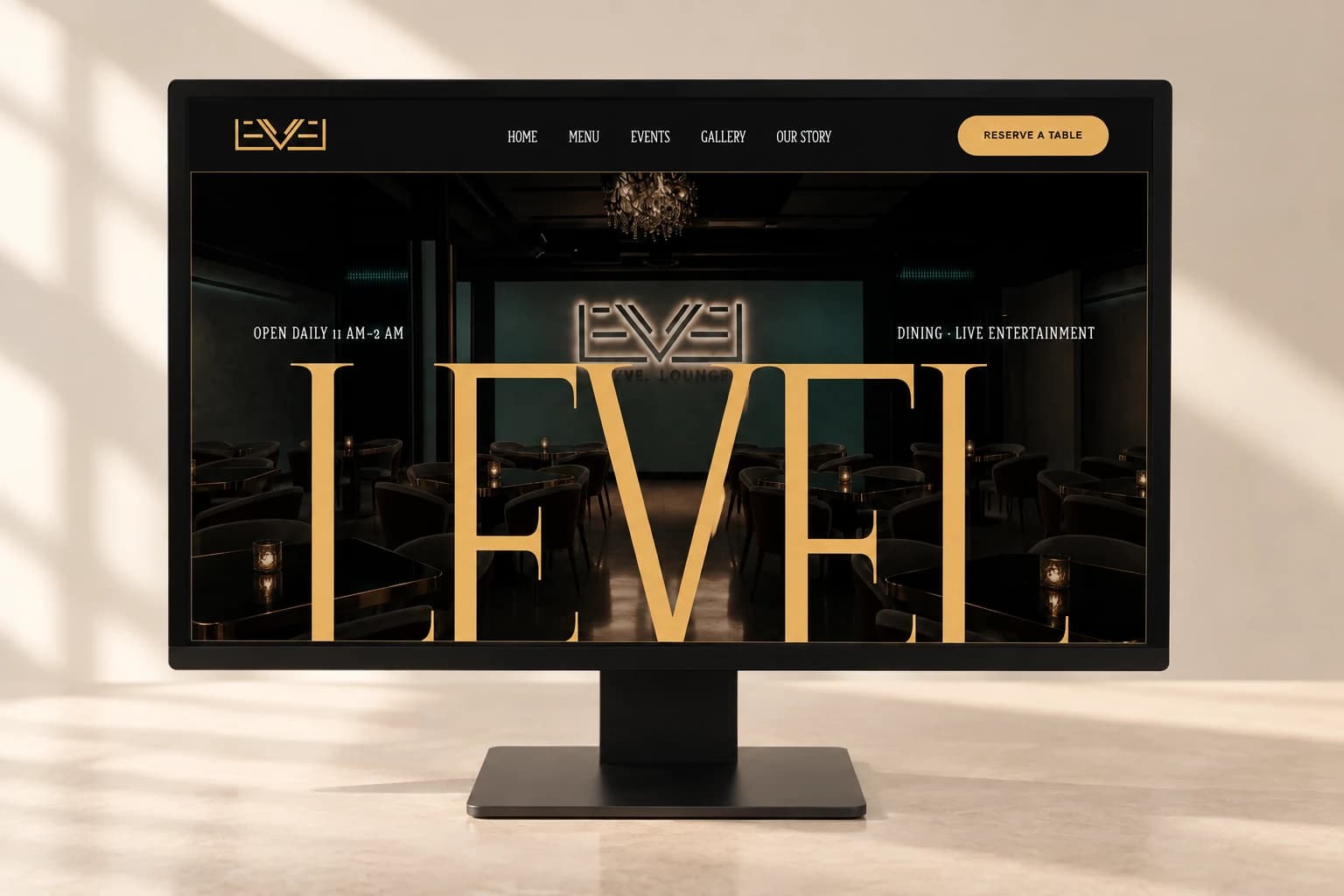 The Level Lounge homepage and reservation navigation in a desktop monitor mockup