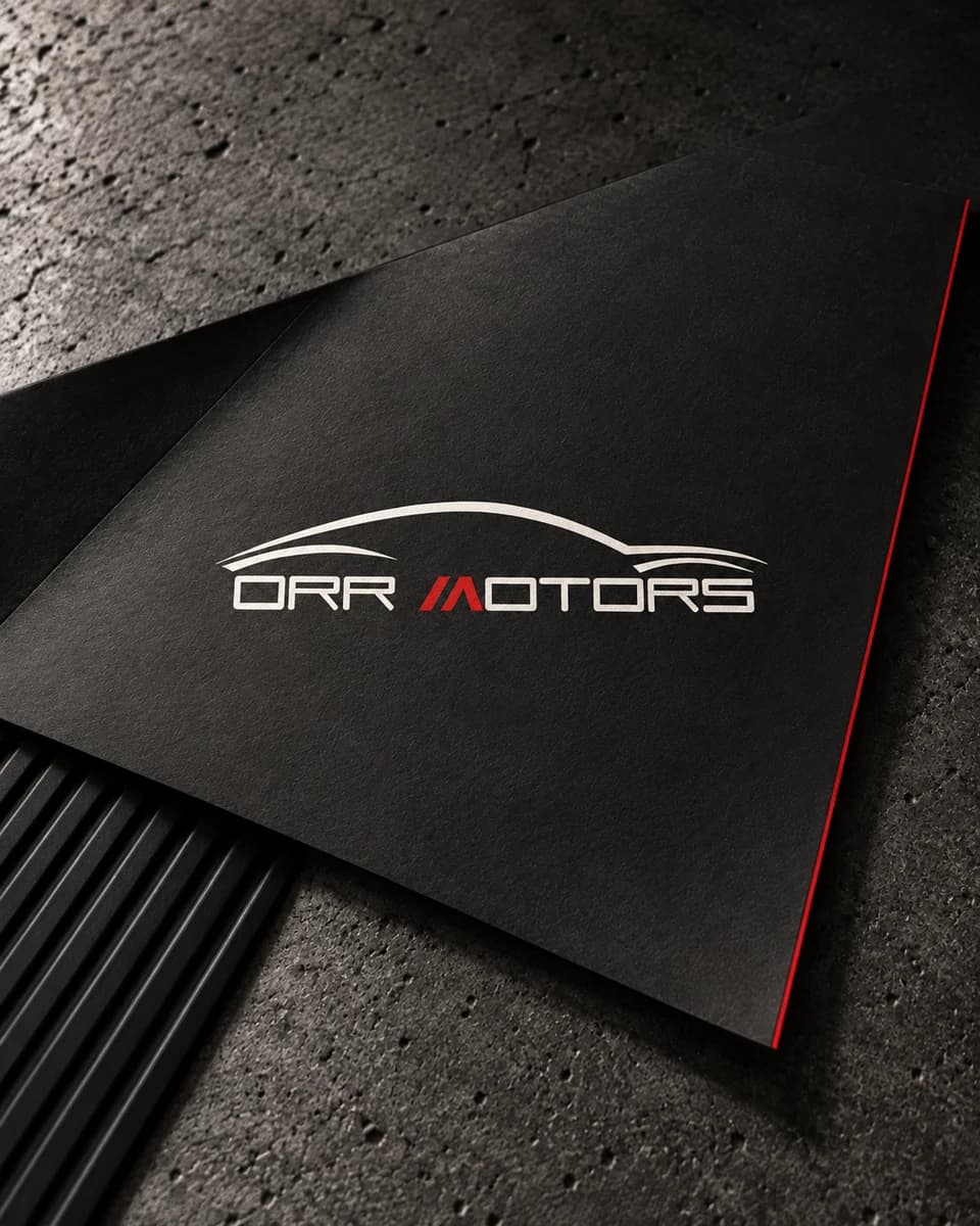 Orr Motors portfolio artwork with its white and red wordmark on charcoal paper