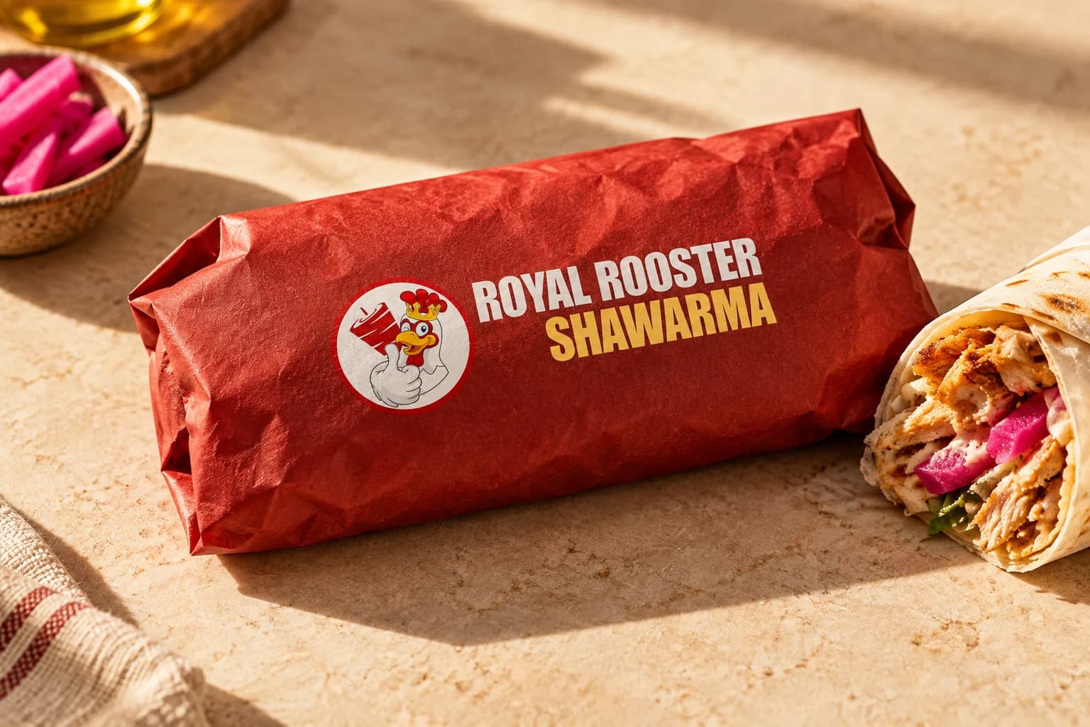 Royal Rooster portfolio artwork with crimson branded wrapping and a toasted shawarma